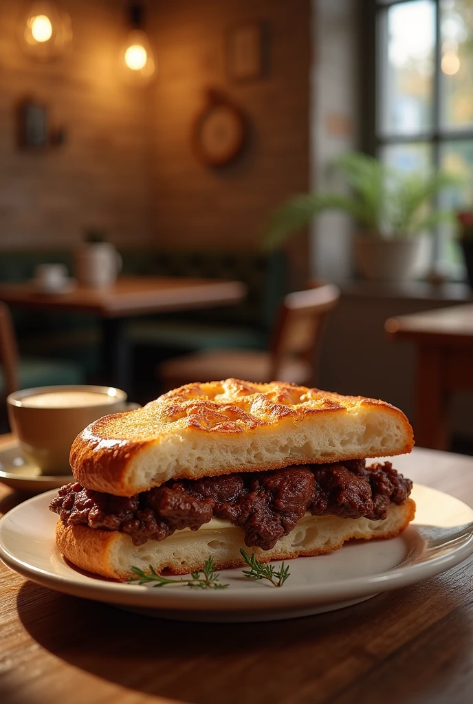 Roast sandwich filled with chocolate crunchy and background theme cafe