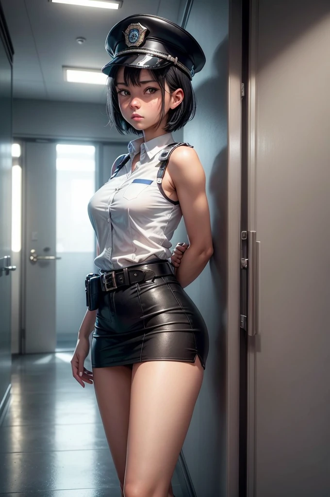 1 girl, ((alone:1.5)),Black Short Hair,Police uniform,belt,clock, White sleeveless collared shirt,Blue Super Mini Skirt:1.8,Police hat, Blushing:1.2, Perfect light, 8k, masterpiece:1.2, Very detailed, Realistic:1.37, Full HD, Police station hallway,indoor,(Front shot:1.3),(Are standing),((Attractive face:1.2))