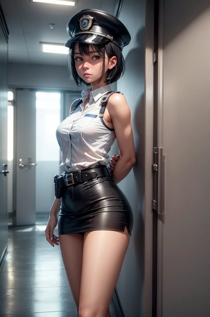 1 girl, ((alone:1.5)),Black Short Hair,Police uniform,belt,clock, White sleeveless collared shirt,Blue Super Mini Skirt:1.8,Police hat, Blushing:1.2, Perfect light, 8k, masterpiece:1.2, Very detailed, Realistic:1.37, Full HD, Police station hallway,indoor,(Front shot:1.3),(Are standing),((Attractive face:1.2))