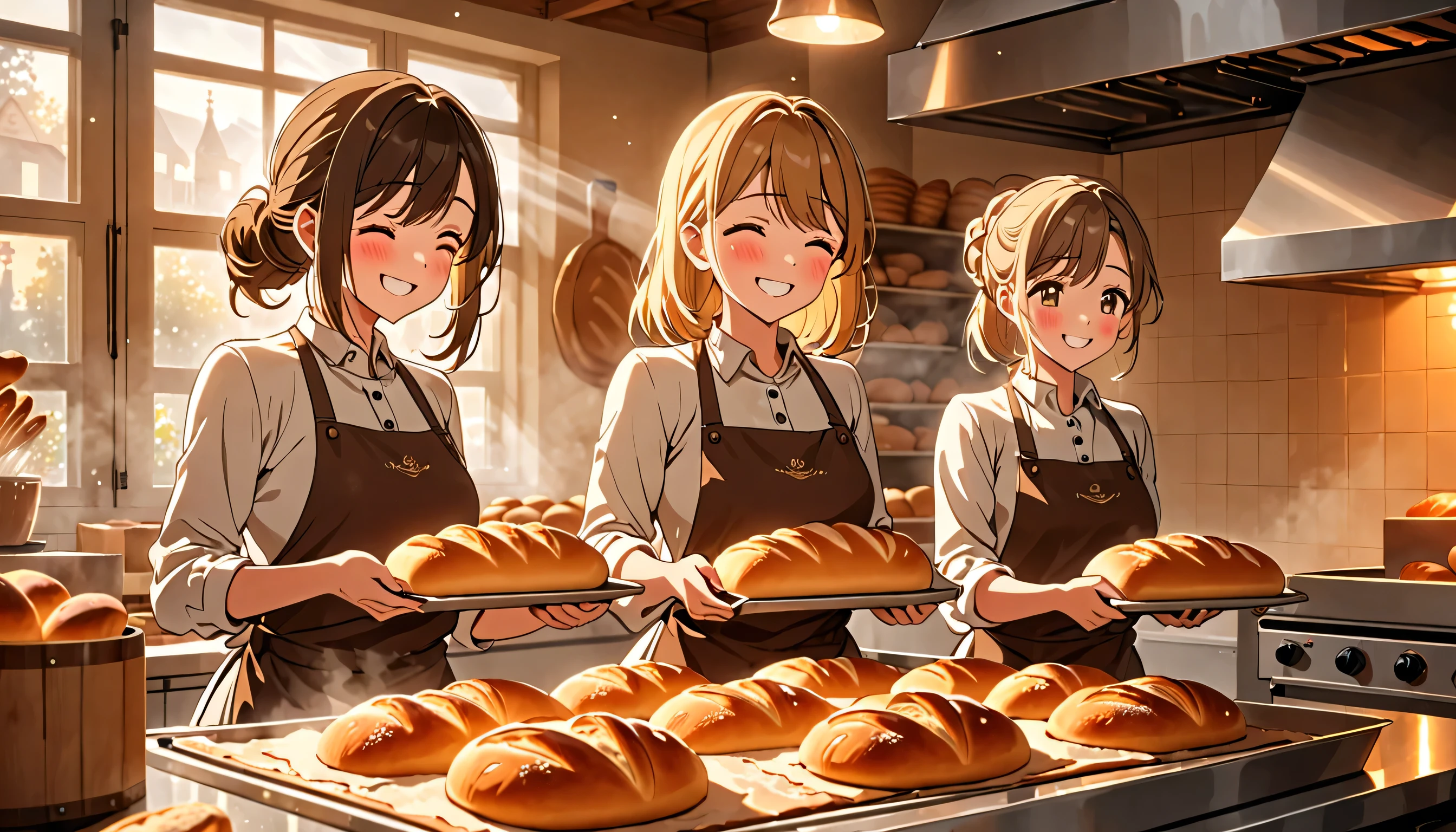 three girls with a beautiful smile taking a perfectly baked bread out of the oven, detailed face, intricate details, warm lighting, animetic, 8k, high quality, masterpiece, bakery, kitchen, team work, joy, delicious bread, crisp golden crust, steam rising, soft interior, fresh aroma, natural light, glossy surface, delicate texture, warm tones, cozy atmosphere, inviting scene, dynamic composition, emotional expression