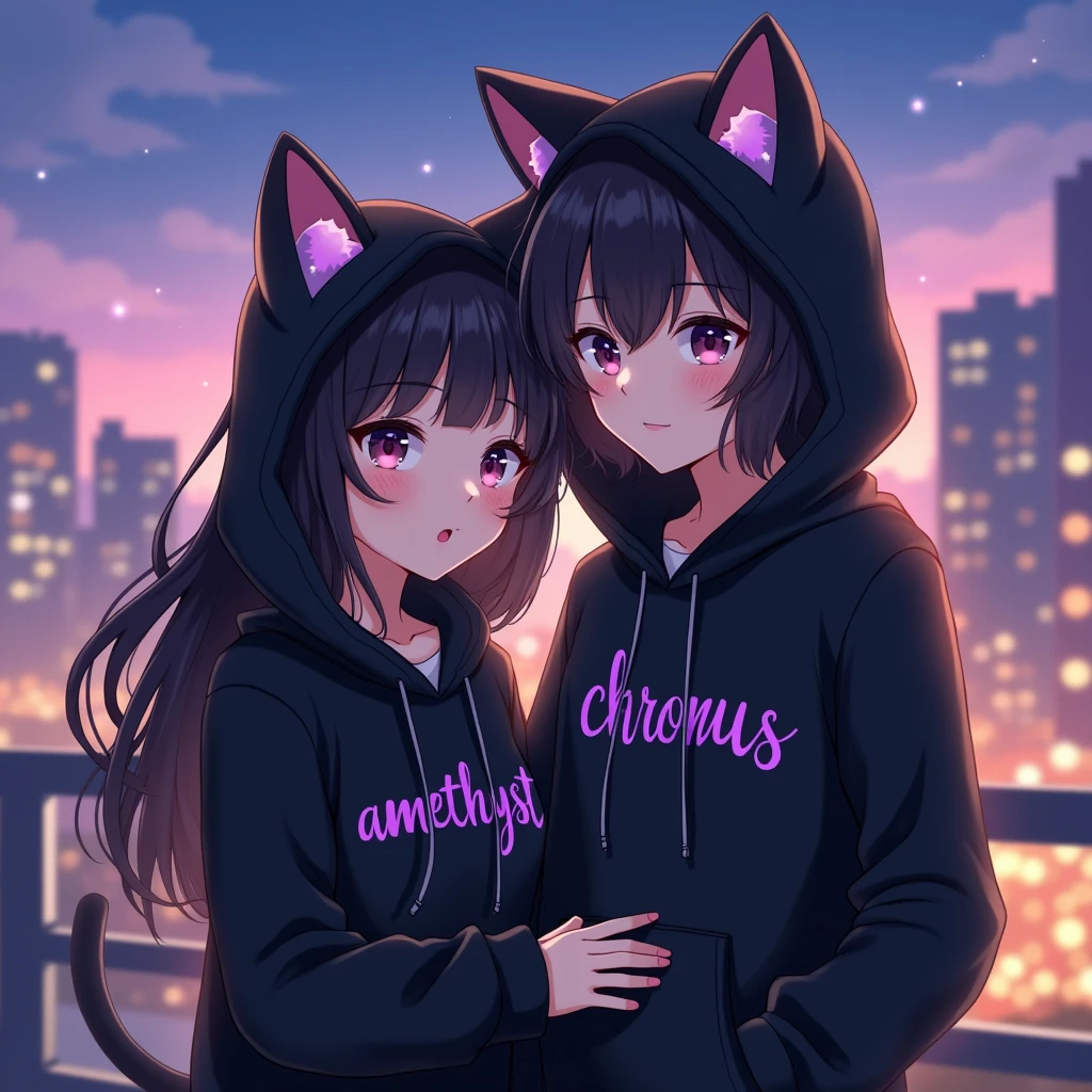Sweet couple anime wearing black hoodie, 
with cat ears, with purple text 
"Amethyst" to the girl jacket and "Chronus" to the boy jacket, in japan citylights 
background, and the girl is black long hair