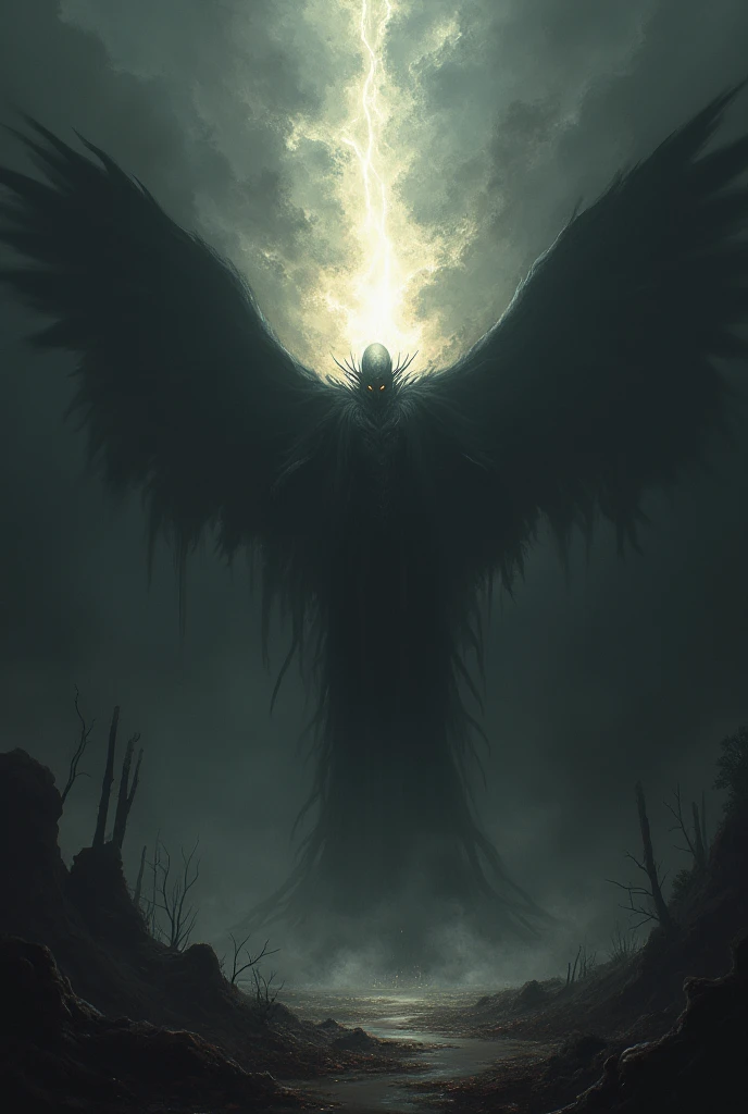 CREATE AN IMAGE WHERE THERE IS A STRONG LIGHT IN THE MIDDLE OF DARKNESS AND Gloom, pure evil