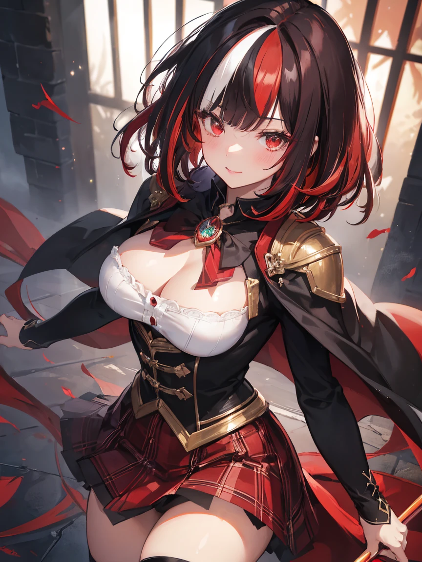 1female, magical school student, black short hair, (highlights hair:1.2),(rich red, streaked hair:1.5), long bangs, putting on magical cape, brown plaid pattern costume, short length skirt with panier, detailed face, big heart eyes, thin eyebrows, moist lips, kissing lips, smiling full of compassion, close up shot,