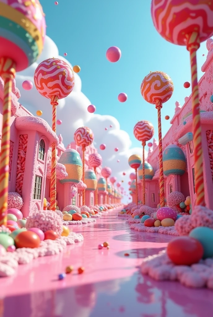 a unique candy land, whimsical candy shop, colorful candy-coated buildings, giant lollipops, swirling lollipop trees, gumball machines, licorice vines, marshmallow clouds, vibrant colors, surreal landscape, fairytale atmosphere, dream-like environment, hyperrealistic, 4D render, 8k, high quality, masterpiece, ultra-detailed, photorealistic, vibrant colors, cinematic lighting, dramatic shadows, intricate details, magical realism