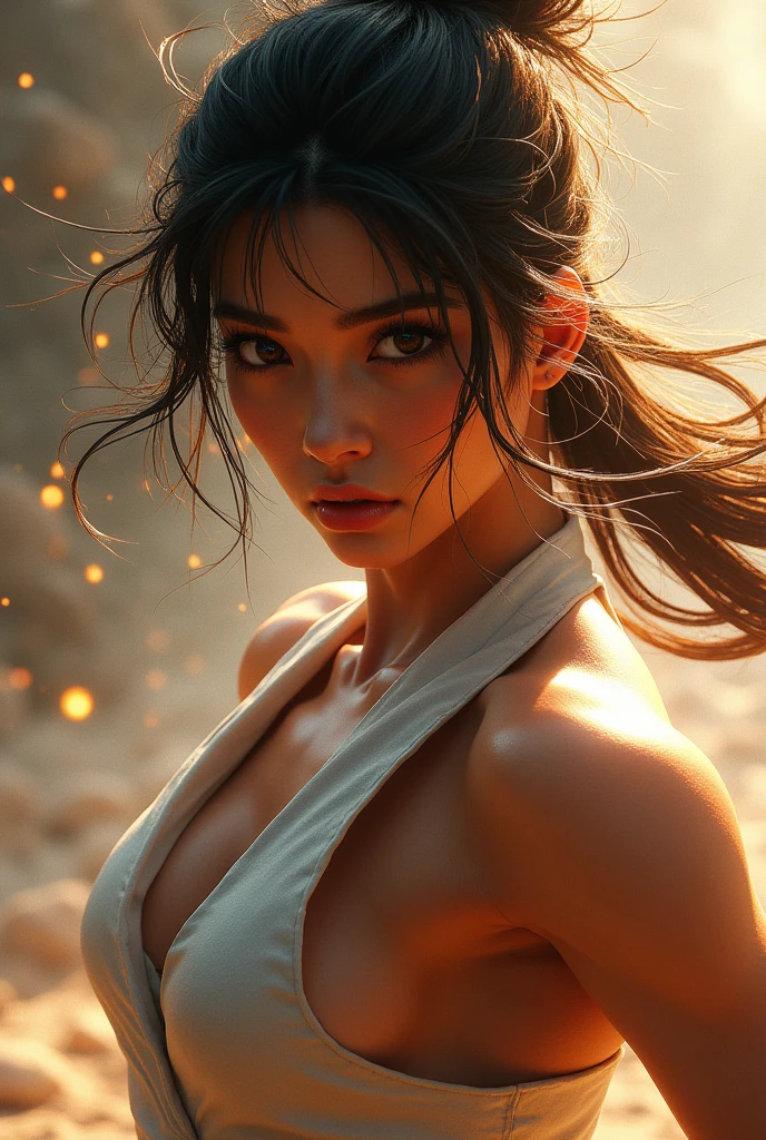 (RAW photo, best quality), (realistic, photo-realistic:1.3),best quality,highly detailed,masterpiece,ultra-detailed,illustration,chun_li,upper_body,dynamic angle,world masterpiece theater,messy_long_hair,best quality,extremely detailed CG unity 8k wallpaper,ink,Amazing,cinematic lighting,lens_flare, dunhuang_style