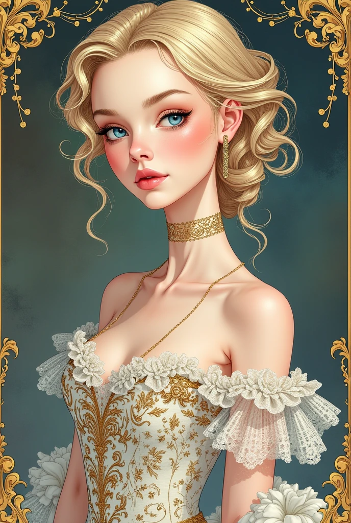 (masterpiece, Best Quality, High resolution: 1.4), detailed, intricate details, 4k, touch of color, Line art, French Victorian style Detail.
man, androgino wavy hair rubio, delgado, wavy hair, blue eyes, smooth skin, White skin, delgado, smiling, gentle.
Clothing detail Prince dress with white and gold lace.