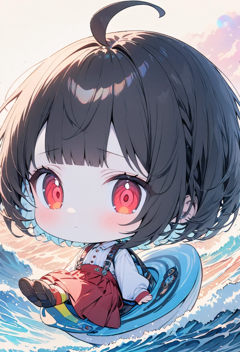 female child, , sad, grinning, go surfing, looking at viewer, bob cut, ahoge, black hair, red eyes, slant eyes, big eyes, sanpaku, pale skin, White shirt, red skirt with suspenders, chibi, big wave background, with Sit on top of a toilet, masterpiece, best quality, detailed, ultra detailed, hyper detailed, insanely detailed, exquisite, beautiful, Full-HD, 16K, cute, fantasy, vibrant academia, chibi anime, icon, soft lines, soft surface, simple line drawing, full body shot, front view, lens flare, best light, fast shutter speed, depth of field, highly saturated colors, vibrant colors, pale colors, dreamy watercolor, best hand