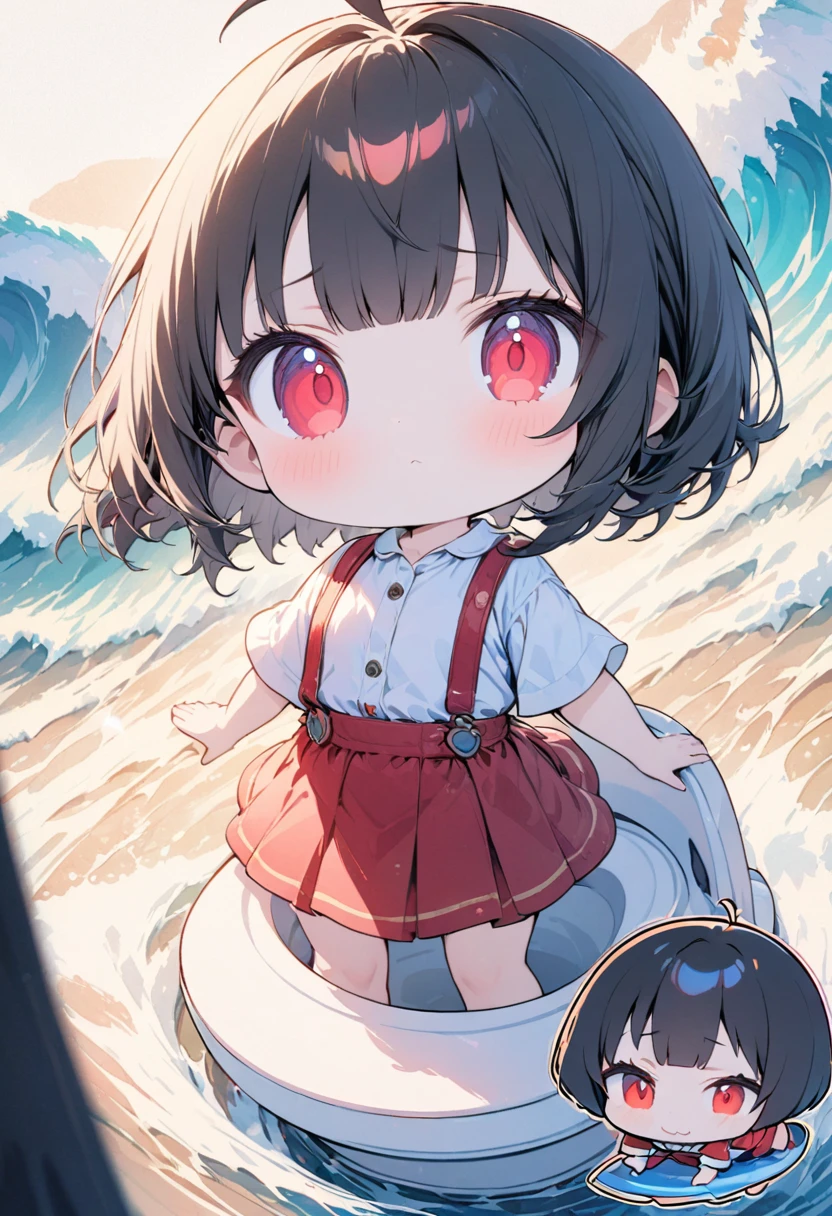 female child, , sad, grinning, go surfing, looking at viewer, bob cut, ahoge, black hair, red eyes, slant eyes, big eyes, sanpaku, pale skin, White shirt, red skirt with suspenders, chibi, big wave background, with Sit on top of a toilet, masterpiece, best quality, detailed, ultra detailed, hyper detailed, insanely detailed, exquisite, beautiful, Full-HD, 16K, cute, fantasy, vibrant academia, chibi anime, icon, soft lines, soft surface, simple line drawing, full body shot, front view, lens flare, best light, fast shutter speed, depth of field, highly saturated colors, vibrant colors, pale colors, dreamy watercolor, best hand