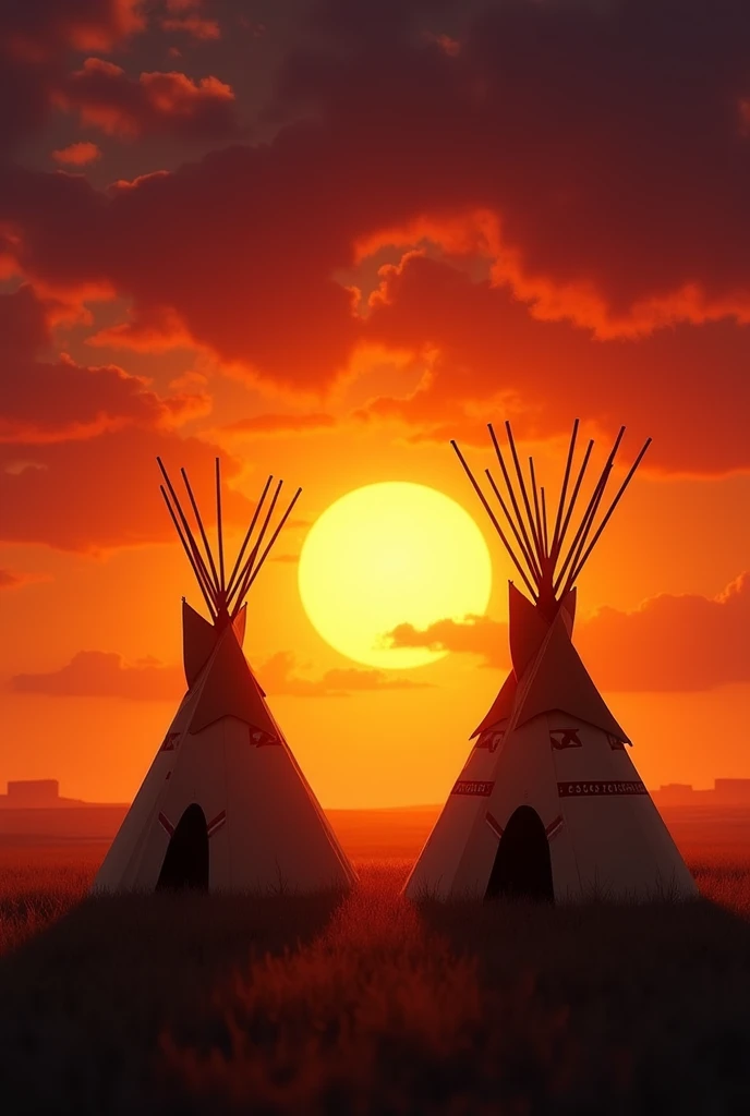 Two Native American teepees silhouetted against a vibrant sunset, the sun a starburst of light, in a vast open landscape