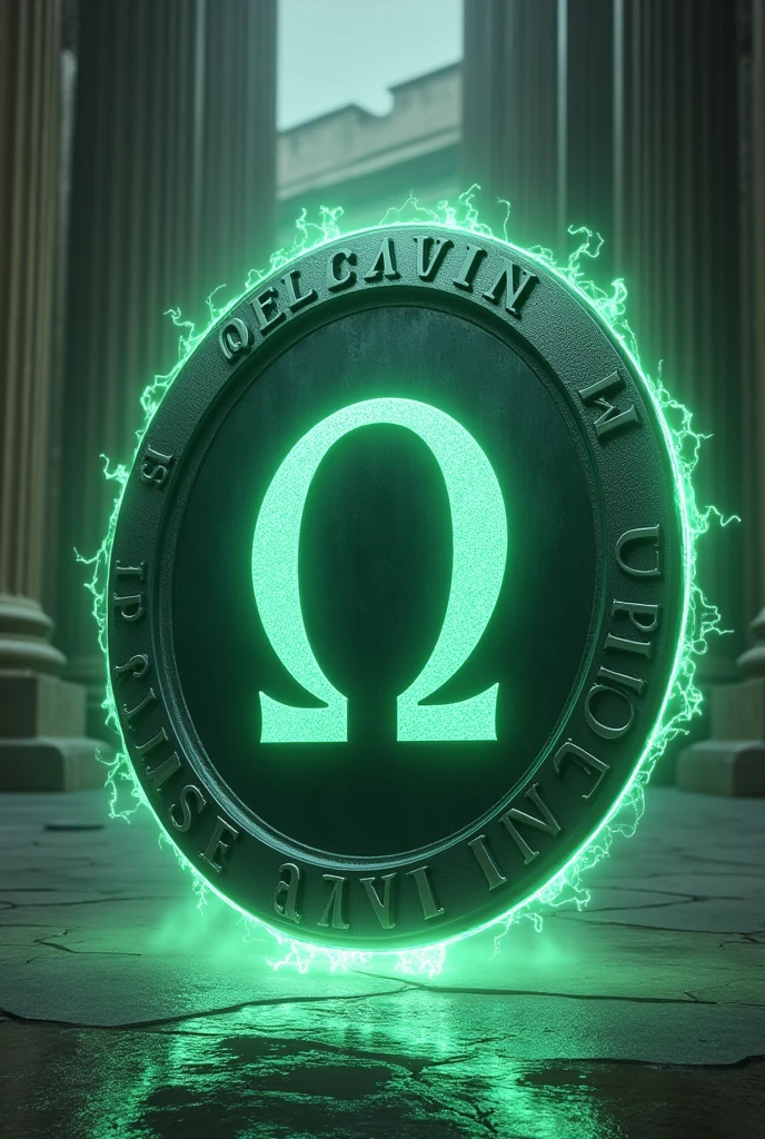 A non-round floating shield with the Omega symbol in the center, that emits a ghostly green electric light and says "Resistance" below the symbol and in the background the Greek phanteon