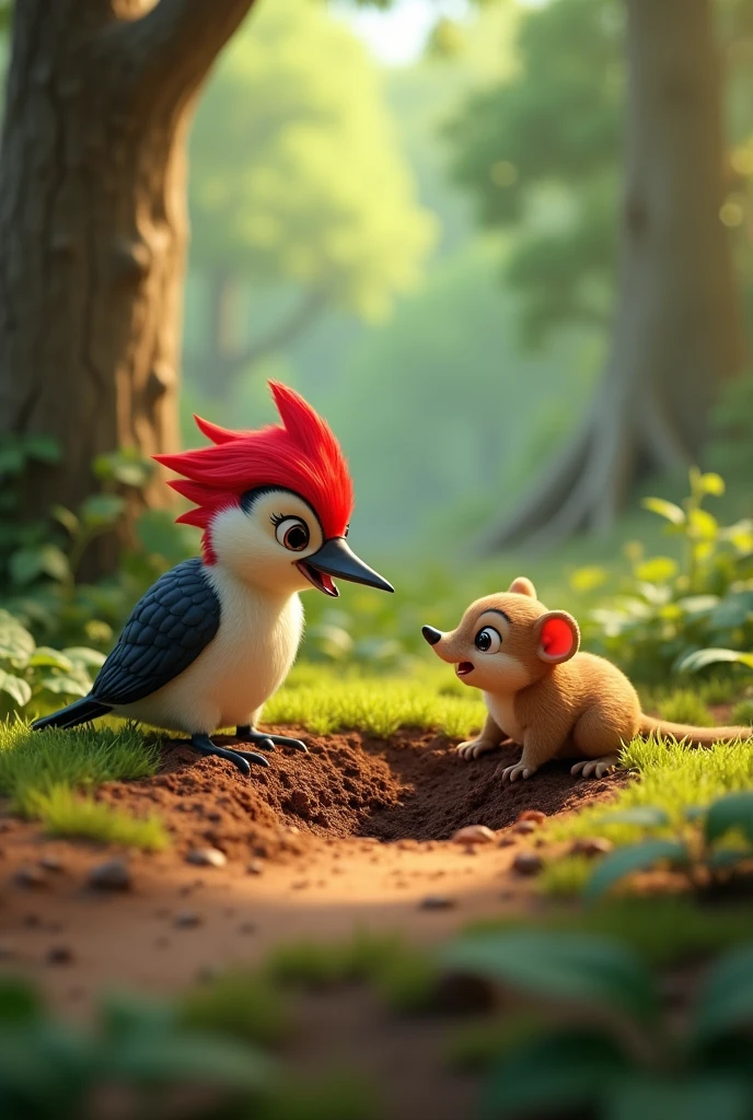 Create 3d image prompt "Seeing his friend struggle, the woodpecker suggested, 'Let's work together.' And so they did, combining their efforts to dig for water."
