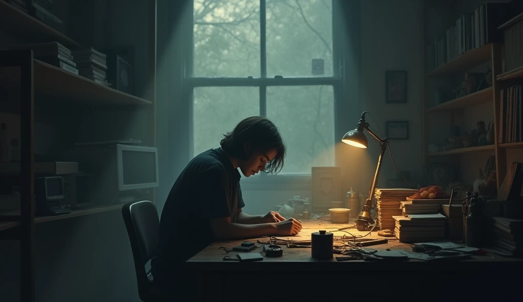 A lone figure working tirelessly in a dimly lit room, with soft beams of light illuminating a desk cluttered with books and tools, representing dedication and hard work.