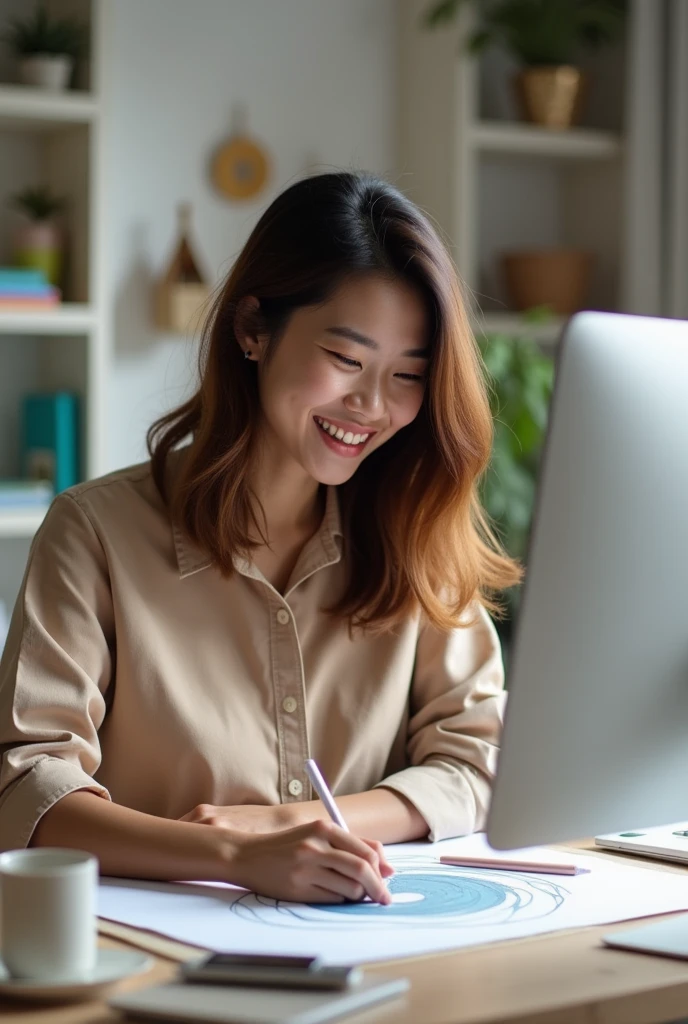 An Asian woman happily working on design on a computer
