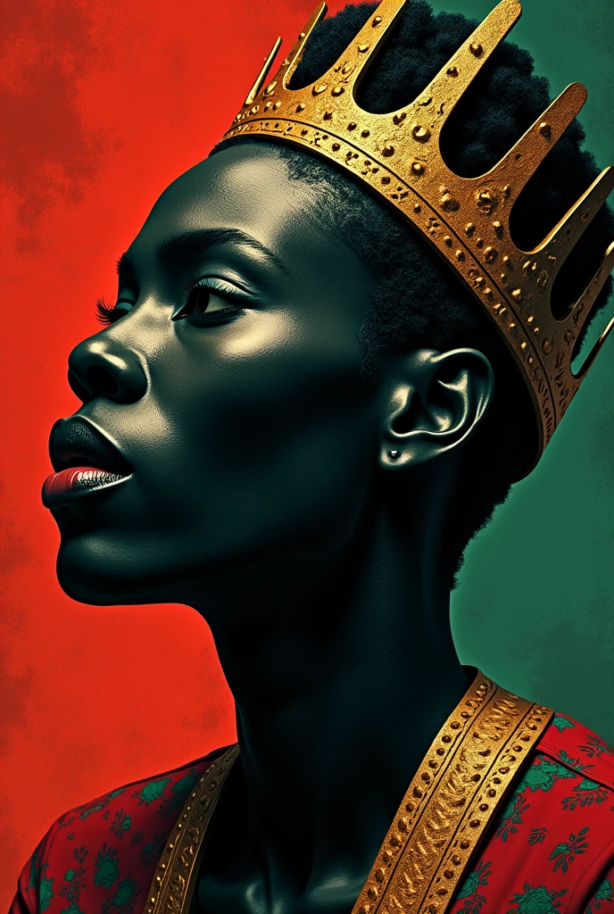 A close-up profile shot of the african God, rendered in a striking, high-contrast style reminiscent of pulp art. The character's face is set in a stoic expression, with piercing eyes that seem to bore into the viewer. A simple, yet powerful, crown adorns their head, with intricate details that evoke a sense of ancient wisdom. The background red, black and green, allowing the character's features to take center stage. The overall aesthetic is dramatic and cinematic, with bold lines and heavy shadows that give the image a sense of depth and dimensionality.