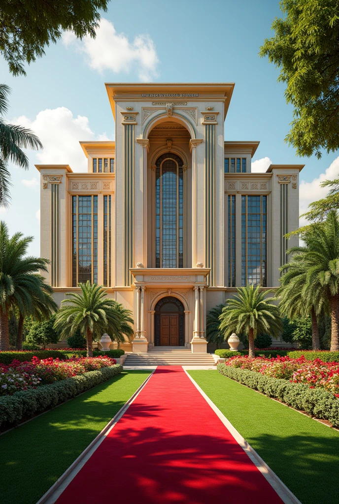 A luxurious multi trillion dollar company headquarters with the words NEXUS GLOBAL HEADQUARTERS the building has Nigerian architecture and the compound sorounded with flowers,grass and other nature with red carpets I want it to be on it's own and the words I want a full view