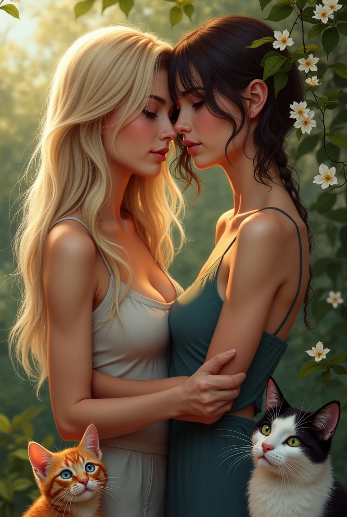 I'm writing a lesbian novel where the elder one in the lead couple is feminine but not so feminine she's 25 and 5'8" tall wears not so feminine clothes has long silky blonde hair with sea blue eyes and the younger one has dar brown short boy cut hair. She is 18 masculine wears stylish masculine clothes and has emerald green eyes she's around 6'2" tall. My novel title is WOVEN TOGETHER.
I don't the cover picture to be in a home scenario
So I want my cover to be something romantic a homely and a little realistic and they both have cats an orange boy and a black and white girl cat. I want you to make a little realistic cover picture for me