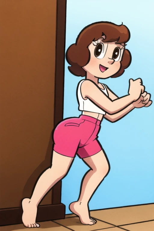 tpyumiko,early teen, brown hair, dancing, nervous smile, blush, pink leggings, white sweater, big butt, full body, bubble butt