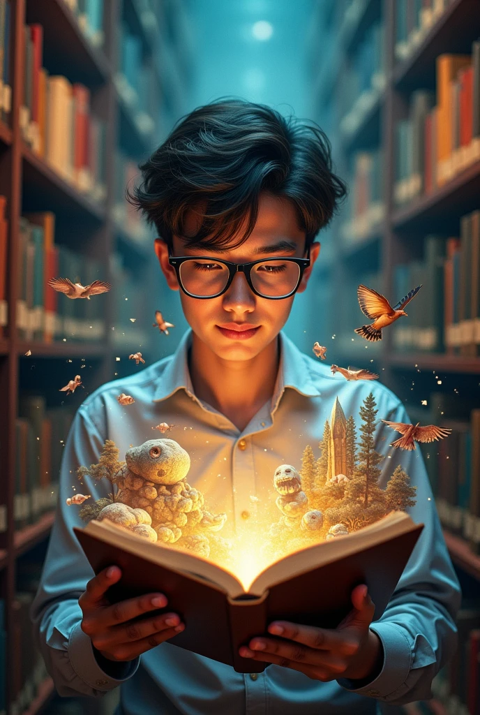 Persuasive poster inviting reading, A young man wearing glasses is reading a book in the library and there are some pictures of his imagination from the pages of the book that are interesting