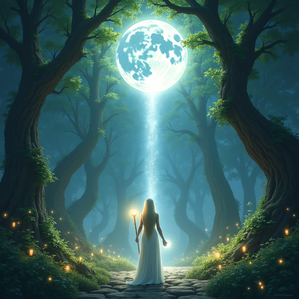 ((Allena the elven high priestess of the elf moon summons the power of the stars to link the earth and sky. Allena is standing amidst a magical forest, with sparkling fairy lights illuminating the surroundings. The vibrant green leaves of the towering trees create a mesmerizing backdrop. Moonlight filters through the branches, casting ethereal rays of silver light on the elf's ethereal face. She holds a magical staff in her hand, which emits a soft glowing energy, revealing her strong connection with the stars. She is surrounded in a pillar of silver light that connects the earth and sky, The atmosphere is filled with a sense of serenity and tranquility. The colors in the scene are vibrant and saturated, with a touch of mystical hues, enhancing the magical ambiance. The lighting is soft and gentle, with a warm silver glow, creating a dreamlike and otherworldly atmosphere. The image quality is of the highest standard, with ultra-detailed rendering capturing every intricate detail of the elf's features and the surrounding environment. The overall style of the image is fantasy art, with a blend of realism and a touch of surrealism, capturing the essence of the mystical and enchanting world of elves.