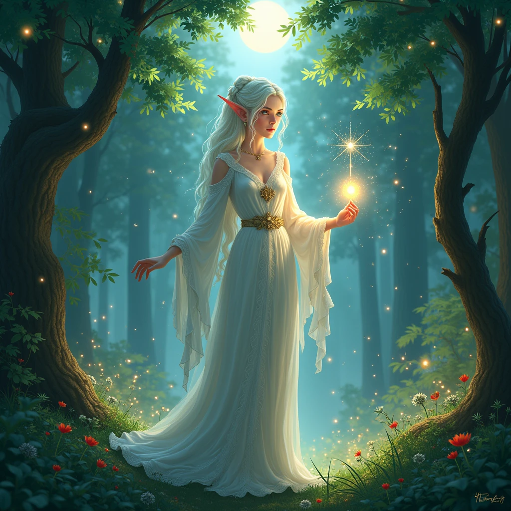 ((Allena the elven high priestess of the elf moon summons the power of the stars to link the earth and sky. Allena is standing amidst a magical forest, with sparkling fairy lights illuminating the surroundings. The vibrant green leaves of the towering trees create a mesmerizing backdrop. Moonlight filters through the branches, casting ethereal rays of silver light on the elf's ethereal face. She holds a magical staff in her hand, which emits a soft glowing energy, revealing her strong connection with the stars. She is surrounded in a pillar of silver light that connects the earth and sky, The atmosphere is filled with a sense of serenity and tranquility. The colors in the scene are vibrant and saturated, with a touch of mystical hues, enhancing the magical ambiance. The lighting is soft and gentle, with a warm silver glow, creating a dreamlike and otherworldly atmosphere. The image quality is of the highest standard, with ultra-detailed rendering capturing every intricate detail of the elf's features and the surrounding environment. The overall style of the image is fantasy art, with a blend of realism and a touch of surrealism, capturing the essence of the mystical and enchanting world of elves.