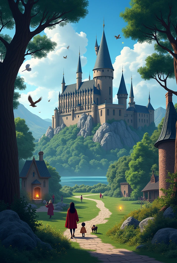 A magical landscape that represents the essence of Harry Potter, animated style or cartoon.