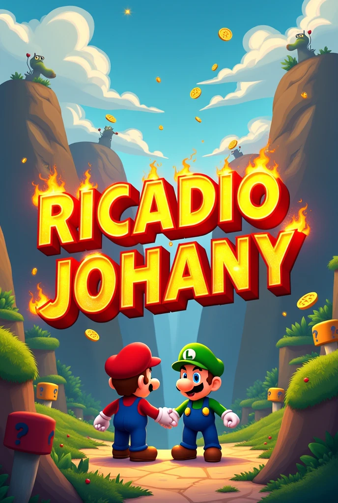 Create a Mario Bros image with the word in the center "Ricardo Johany" with the capital letters in gold with fire