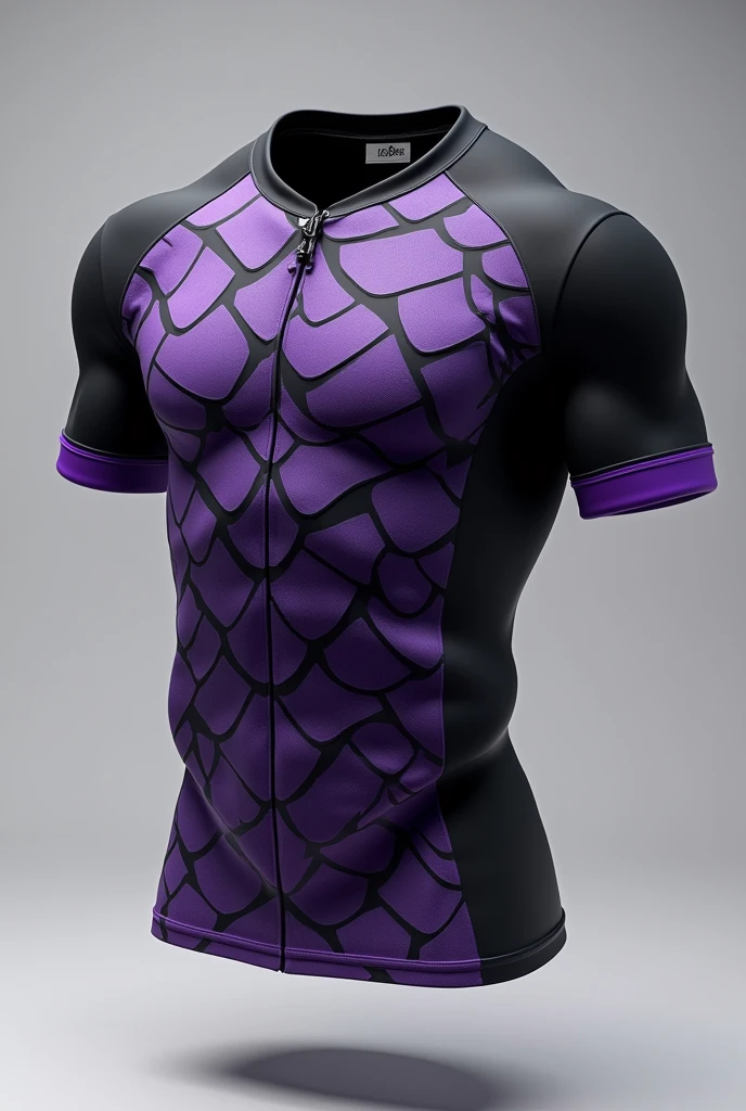 make a floating shirt, of athlete, in black and with large purple scale designs . Also add purple stripes that go from the collar to the sleeves.. Make the collar and hems of the shirt and sleeves purple