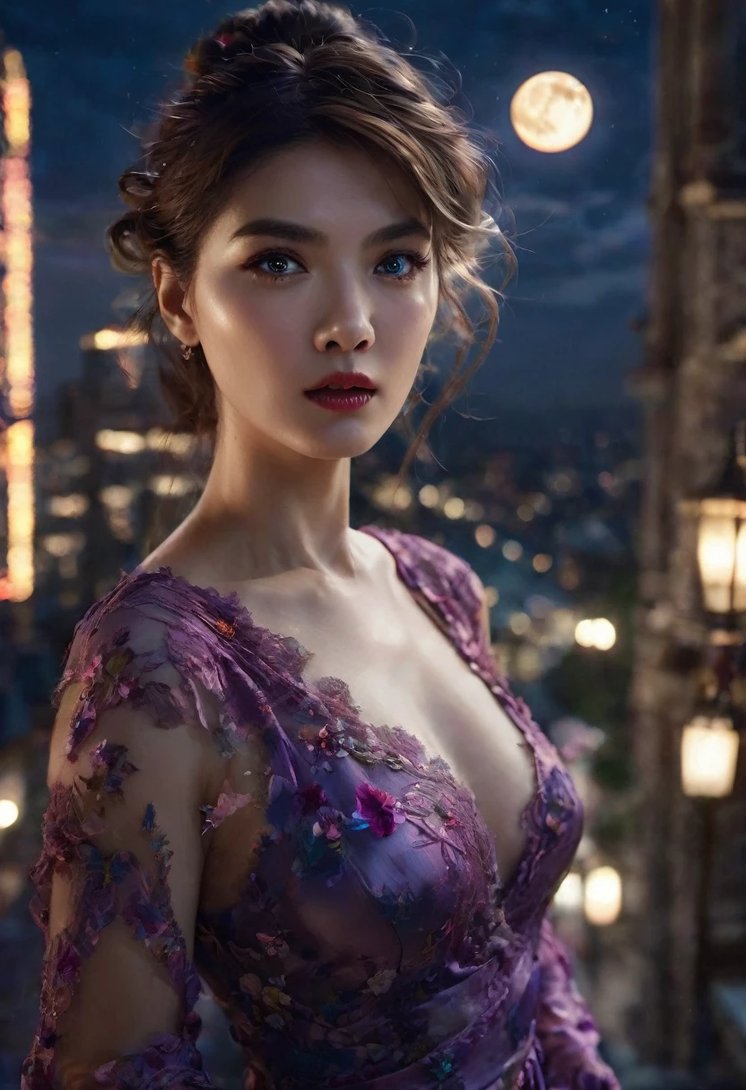 masterpiece, best quality, a sexy mature women, red lips, (colorful),(finely detailed beautiful eyes and detailed face),cinematic lighting,bust shot,extremely detailed CG unity 8k wallpaper,wavy hair,solo,angry face,purple lace nightgown dress,((flying petal)), sky, cloudy_sky, building, moonlight, moon, night, (dark theme:1.3), light, fantasy,