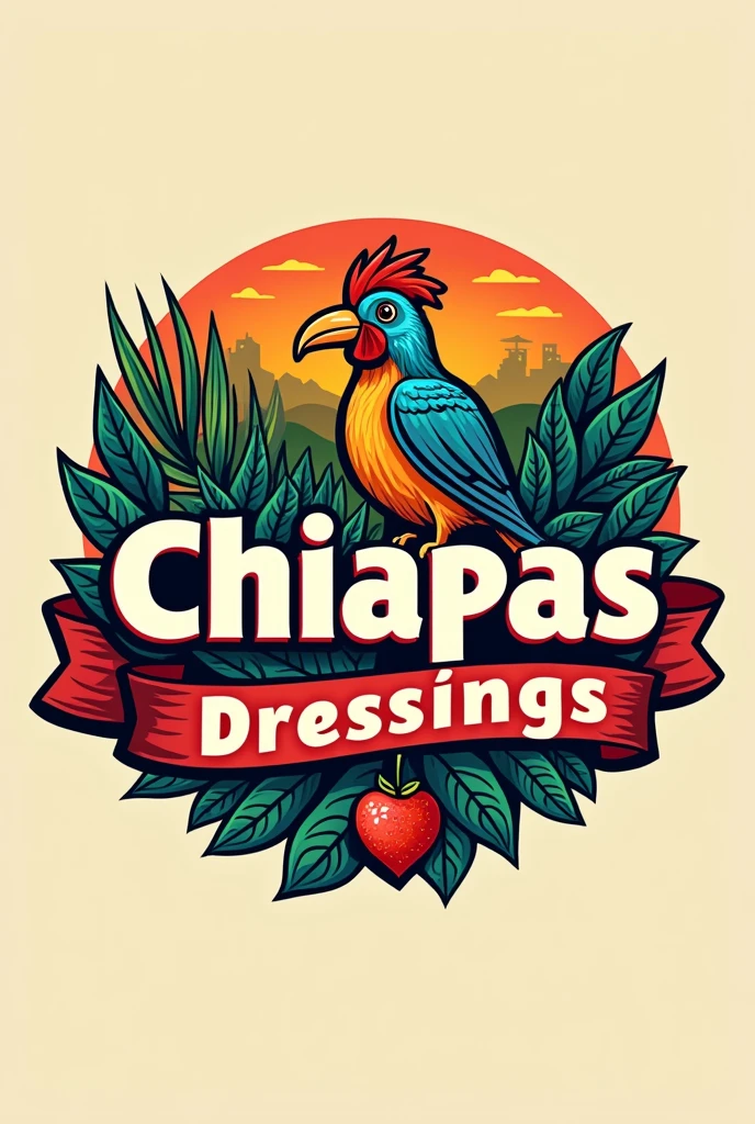 I am opening a new company called "Chiapas Dressings" that makes chicken seasoning, It is a 100% company%, Chiapas, specialized in dressings, Create a logo for the company, where you illustrate something related to Chiapas, its colors, Let it be in Spanish, and say our slogan "Taste that one, Flavor that inspires"