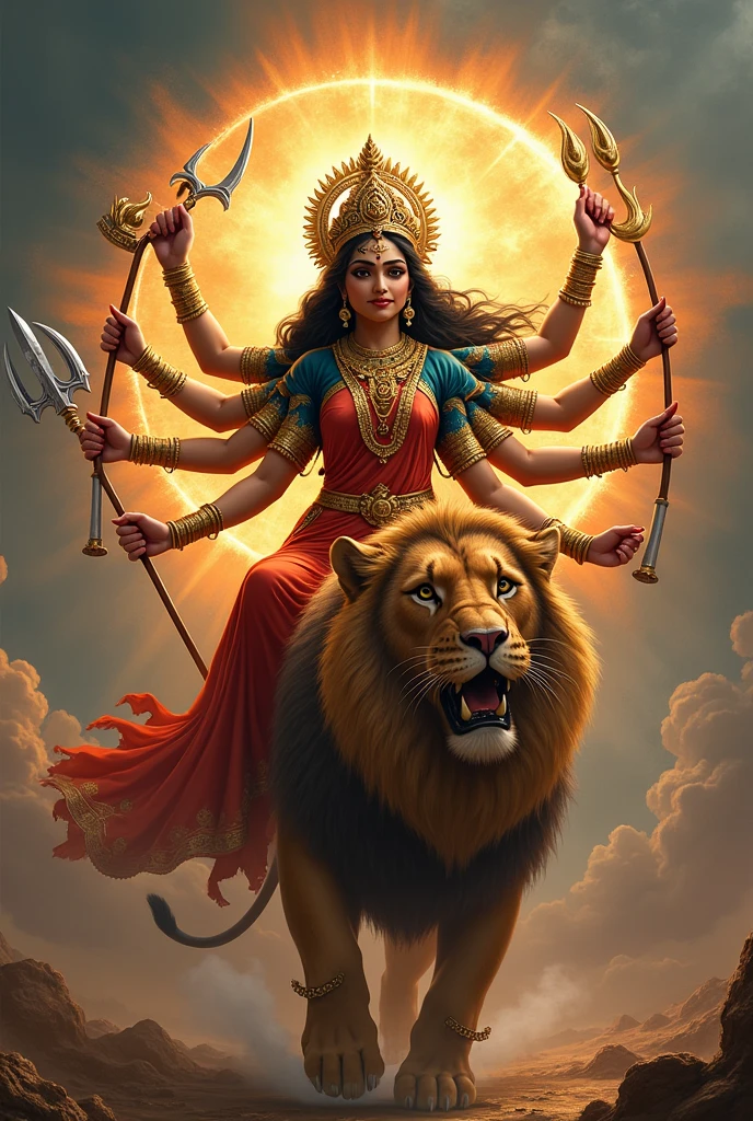 Goddess Durga is one of the most revered and celebrated deities in Hinduism. She embodies the divine feminine energy and is often associated with strength, protection, and the triumph of good over evil. Here are some key aspects of Goddess Durga:
### Symbolism and Iconography
1. **Form**: Durga is usually depicted riding a lion or tiger and wielding a variety of weapons in her multiple arms, each symbolizing her ability to combat various forms of negativity and evil.
2. **Ten Arms**: In her most common representation, she is shown with ten arms, each holding a different weapon given to her by the gods, symbolizing her omnipotence.
3. **Appearance**: She often has a compassionate and fierce expression, resonating with both nurturing and powerful qualities.
### Festivals
1. **Durga Puja**: Celebrated predominantly in West Bengal and other parts of India, this festival honors the victory of Goddess Durga over the buffalo demon Mahishasura, symbolizing the victory of good over evil. It usually takes place in the month of Ashwin (September-October).
2. **Navaratri**: A nine-night festival dedicated to the worship of Goddess Durga, featuring various rituals and cultural performances.
### Mythology
1. **Victory over Mahishasura**: The most popular mythological narrative of Durga is her battle against the demon Mahishasura, who was granted a boon that made him invincible to gods and men. In response, the gods combined their powers to create Durga, who defeated him and restored cosmic order.
2. **Representation of Shakti**: Durga is often seen as a representation of Shakti, the feminine energy that empowers, nurtures, and protects.
### Cultural Impact
- Goddess Durga has inspired countless works of art, literature, and dance, reflecting her importance in various forms of cultural expression in India and beyond.
- She is also seen as a symbol of women's empowerment, embodying qualities such as courage, resilience, and wisdom.
Goddess Durga holds a special place in the h