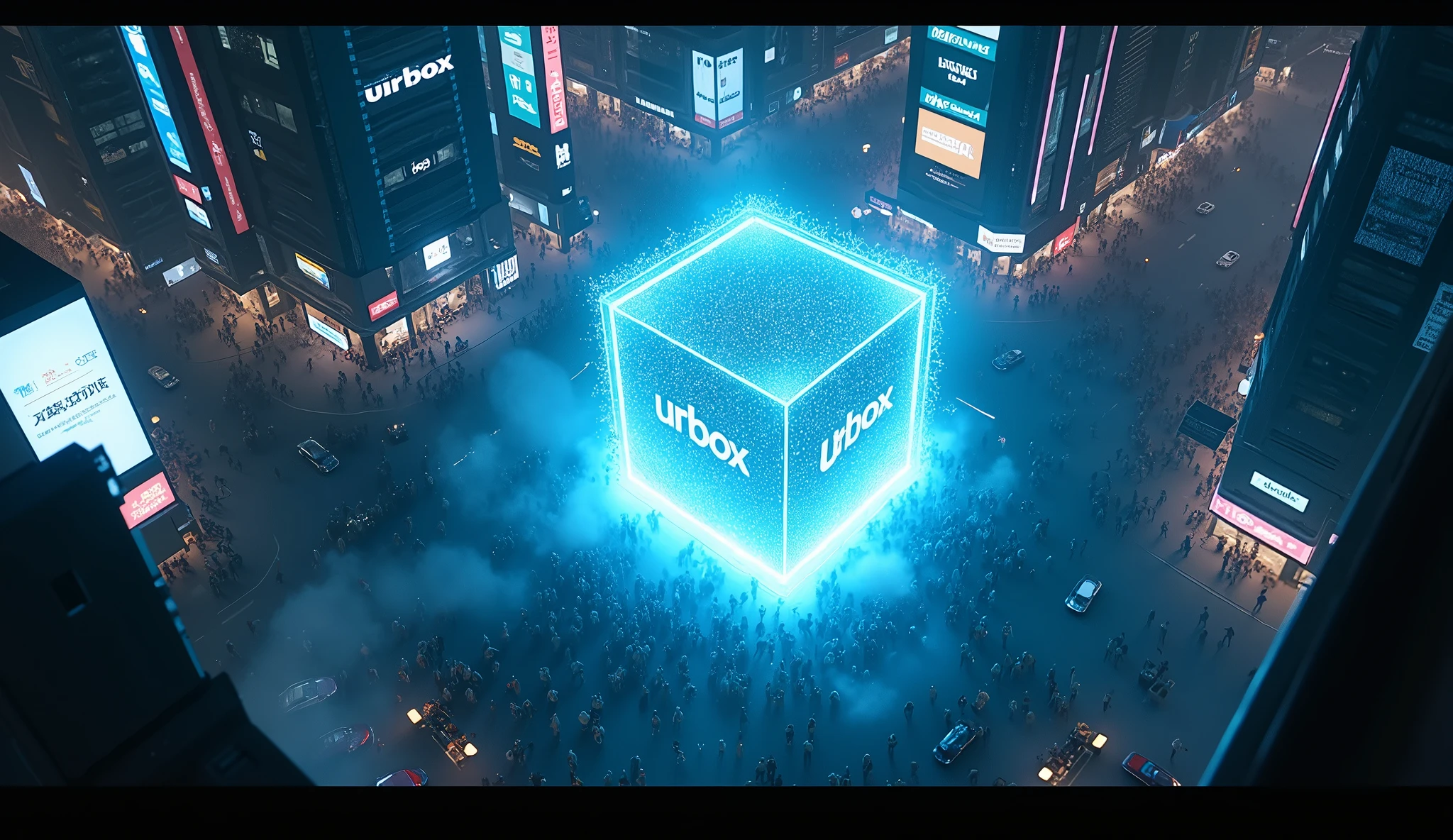 sky view to the city, camera shot from top view, a giant cube hologram logo with the words "UrBox" in the wide growded street, The hologram logo explodes and emits an all-encompassing blue light between cyberpunk buildings. Lighting: Dark colors, faint blue lights from billboards. Effects: LED strips on the device gradually glow. Special: The scene evokes a sense of suspense and anticipation.