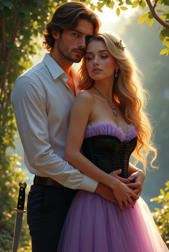 A beautiful couple. Beautiful girl with long blond hair and purple dress with black corset. And next to the boy with flaffy brown hair. A beautiful white shirt and suit trousers. The boy hugs the girl around the waist. Everything seems to be fine but it's not. Chłopak trzyma za placami dziewczyny nóż. She doesn't see it.