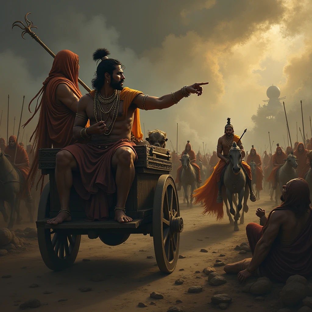 Depict Arjuna in his chariot, deeply distressed and pointing towards a battlefield where the traditional structures and family roles are breaking down. Surrounding him, illustrate spectral figures of women in traditional attire becoming corrupted and distorted, symbolizing the loss of moral integrity. The background should feature a chaotic battlefield, with shadows and dark, swirling mists representing the rise of adharma. Krishna stands beside Arjuna, his expression contemplative, as he listens to the grave concerns about the social and moral decline. The atmosphere should reflect a sense of impending crisis and moral upheaval.