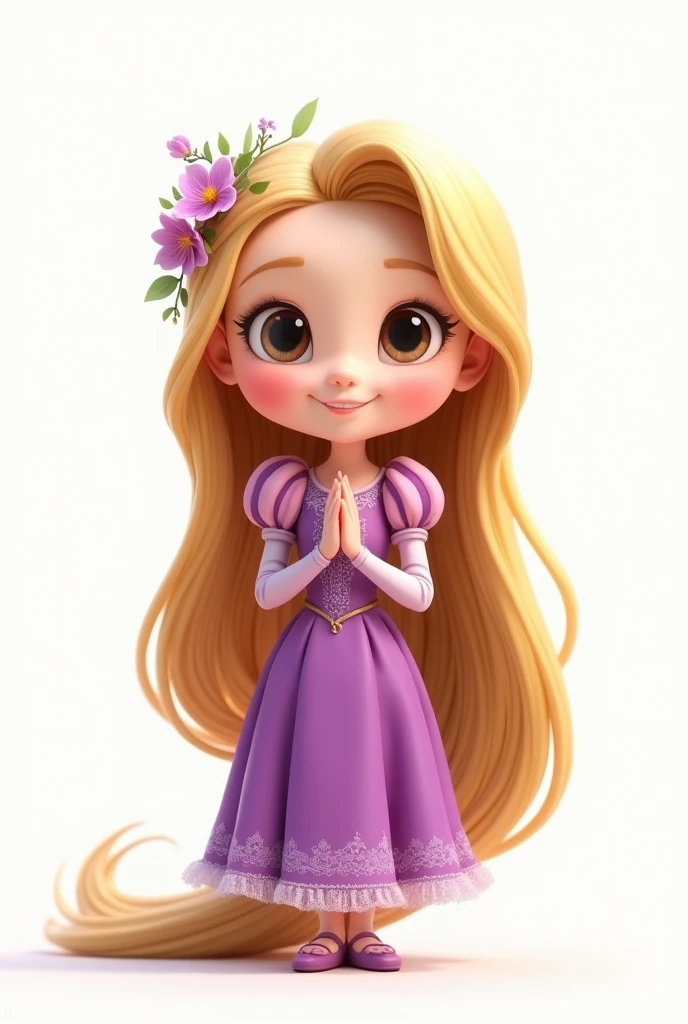 Rapunzel standing, smiling, with a flower headdress and hair down to her feet, classic purple dress, White background, Whole body, a soft chibi style, a touch of pixar style, large eyes, tender, Very detailed hair with a bit of shine just like the dress, with hands together