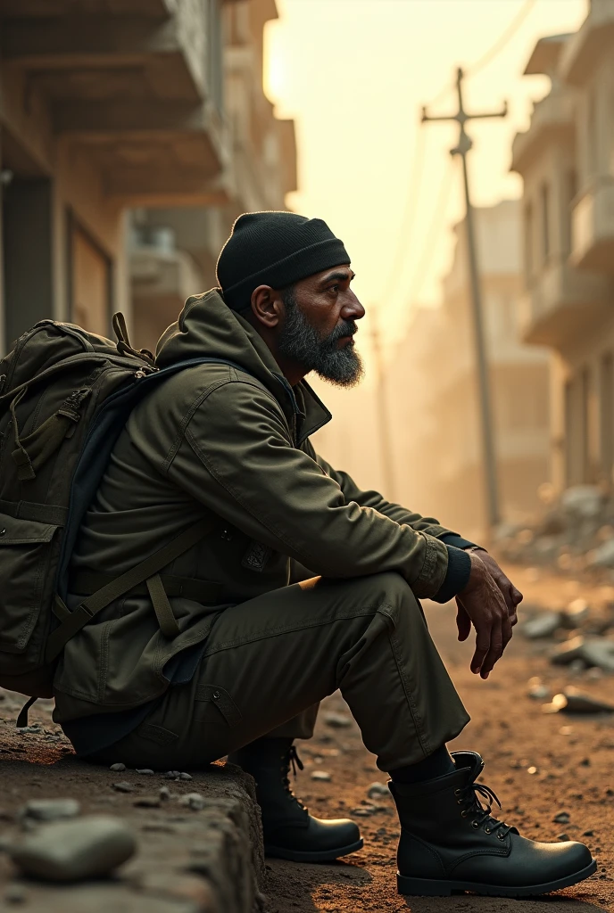 Post apocalyptic world, city in ruins, dirty and ruined streets, cinematic portrait, epic cinematography, gloomy atmosphere, sunset, a man sitting on the street watching the sky, 40 year old man, short beard, dirty and tired face, determined face , dark skin, bald, with a balaclava hat, jacket with hat and backpack, military boots, a knife on his waist, somber atmosphere, side camera, epic and dusty atmosphere