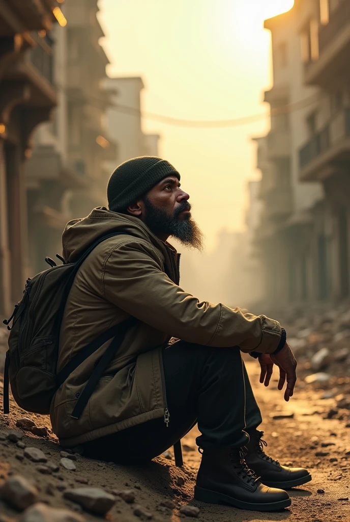 Post apocalyptic world, city in ruins, dirty and ruined streets, cinematic portrait, epic cinematography, gloomy atmosphere, sunset, a man sitting on the street watching the sky, 40 year old man, short beard, dirty and tired face, determined face , dark skin, bald, with a balaclava hat, jacket with hat and backpack, military boots, a knife on his waist, somber atmosphere, side camera, epic and dusty atmosphere