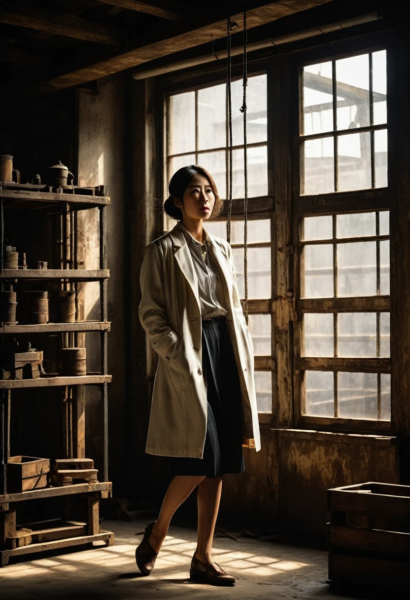 Misaki Sato, a genius botanist; a beautiful girl, unable to move, with her arms and legs tied behind her back to a central steel pole on her back side; a determined figure; a white coat; sweat beading on the forehead; a warehouse; a high ceiling with exposed beams; dusty light coming through a window; a spotlight from a hanging bulb; old machines and wooden boxes casting ominous shadows; a tense atmosphere The contrasting noir lighting. Old machinery and crates casting ominous shadows, tense atmosphere, contrasting noir lighting, gritty textures, stills from thriller film, super definition, 8K, intricate details, faded, eyes extremely detailed, high detailed eyes,16k resolution, RAW, Nikon Z9, Creative, masterpiece, fantasy, super detailed, high resolution, intricate details High Quality, 8k, Realistic, Ultra-Detailed, Dramatic Lighting, Soft Focus, Digital Illustration, Strong Gaze, Complex Mechanics, Advanced Technology, Dark Background, Cinematic, High Contrast, Moody, Strict, Atmosphere, (Best Quality, 4k, 8k, High Definition, Masterpiece: 1. 2 ), ultra-detailed, (realistic, graphic, photorealistic:1.37) --no glass --AR 16:9 --Stylize 1000