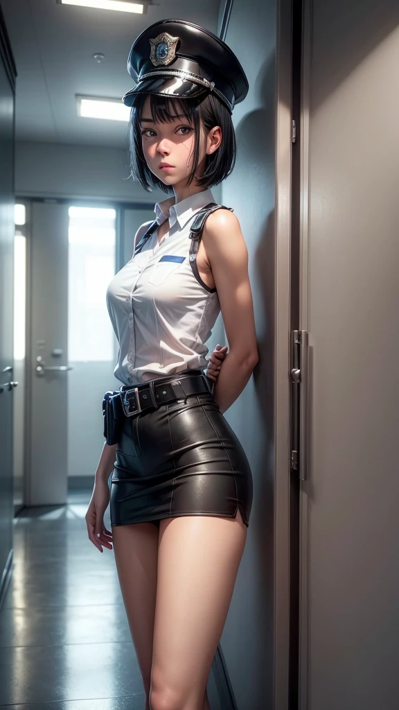 1 girl, ((alone:1.5)),Black Short Hair,Police uniform,belt,clock, White sleeveless collared shirt,Blue Super Mini Skirt:1.8,Police hat, Blushing:1.2, Perfect light, 8k, masterpiece:1.2, Very detailed, Realistic:1.37, Full HD, Police station hallway,indoor,(Front shot:1.3),(Are standing),((Attractive face:1.2))