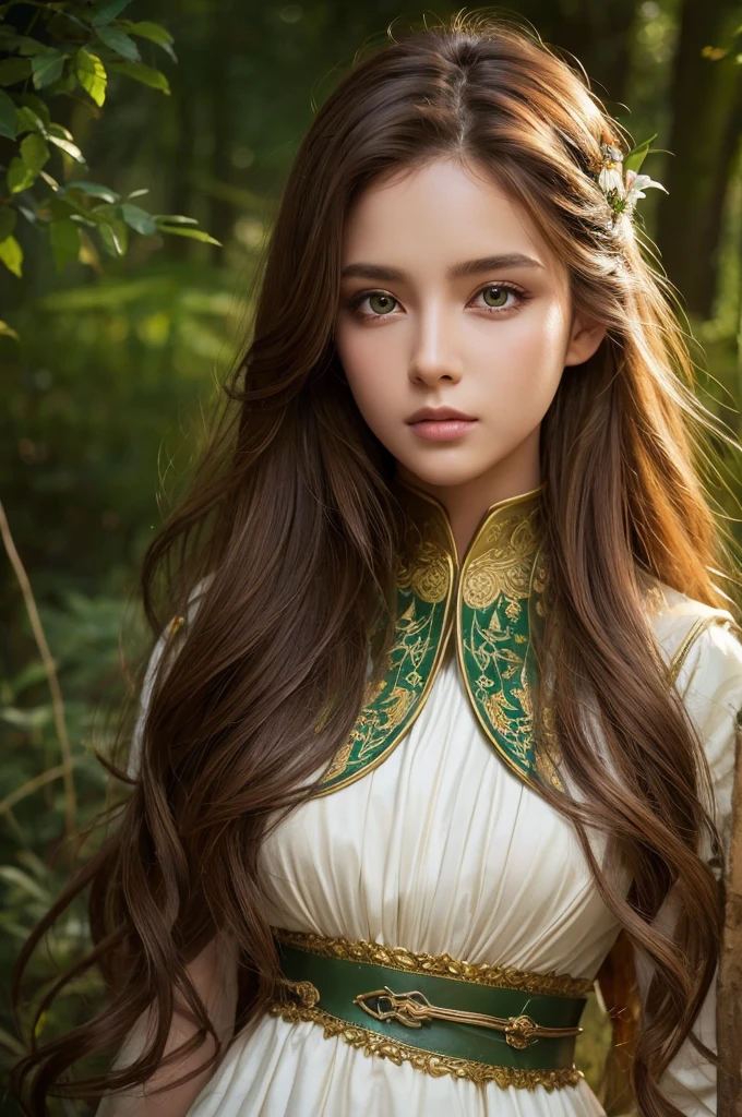 dark skin, detailed beautiful young woman, reddish golden brown hair, long, wavy and messy hair, detaiiled perfect green eyes, delicate symmetric realistic and beautiful face, (magic forest backgroung), ranger outfit leather armored, fairy, wild flowers blending into hair, full body, masterpiece, absurdres,fine detail, rich colors, dramatic lighting, extremely detailed, cinematic lighting