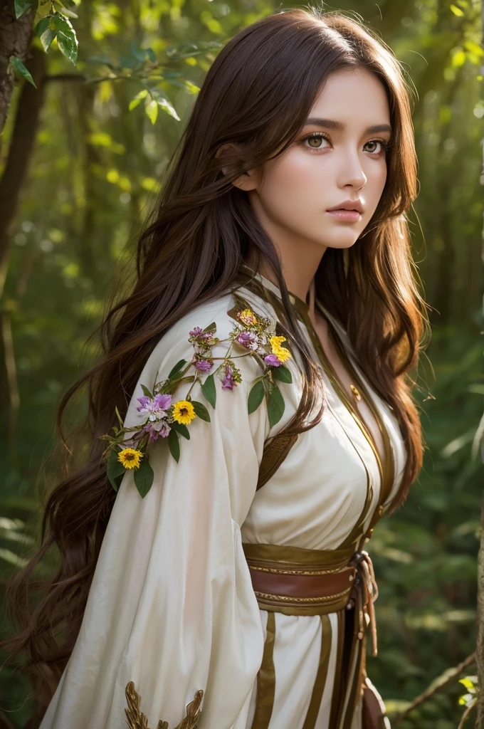 dark skin, detailed beautiful young woman, reddish golden brown hair, long, wavy and messy hair, detaiiled perfect green eyes, delicate symmetric realistic and beautiful face, (magic forest backgroung),  ranger outfit leather armored, fairy, wild flowers blending into hair, full body, masterpiece, absurdres,fine detail, rich colors, dramatic lighting, extremely detailed, cinematic lighting