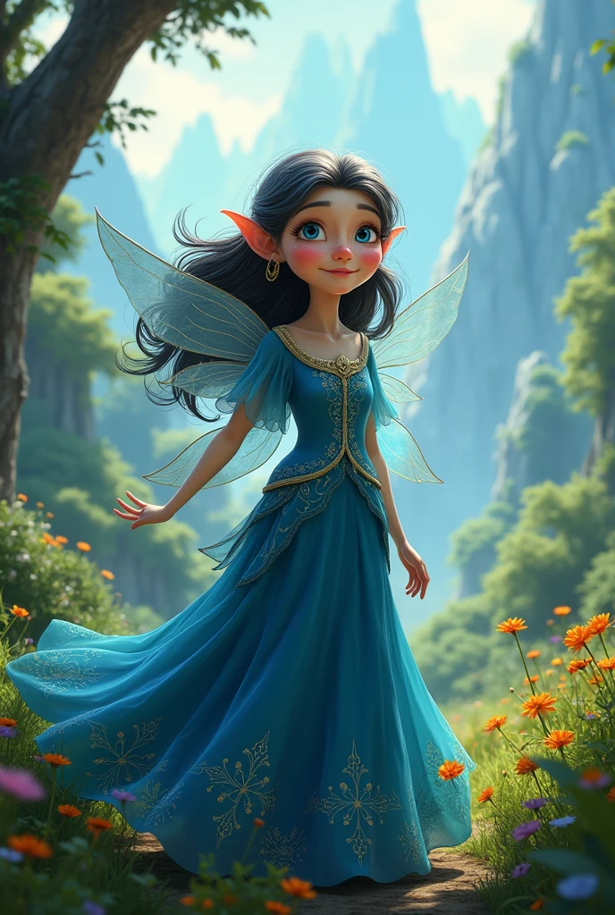 Pixar image, an old fairy , blue dress, dark hair and eyes,