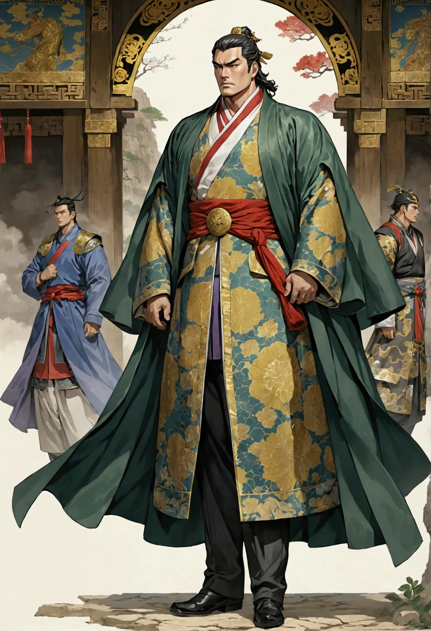 Three Kingdoms Jojo, Clothes made of a coat, leader, middle aged man, Full body exposed, Looking to the side, Don't turn your head