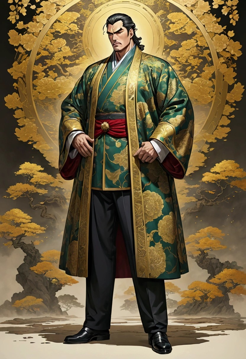 Three Kingdoms Jojo, Clothes made of a coat, leader, middle aged man, Full body exposed, Looking to the side, Don't turn your head