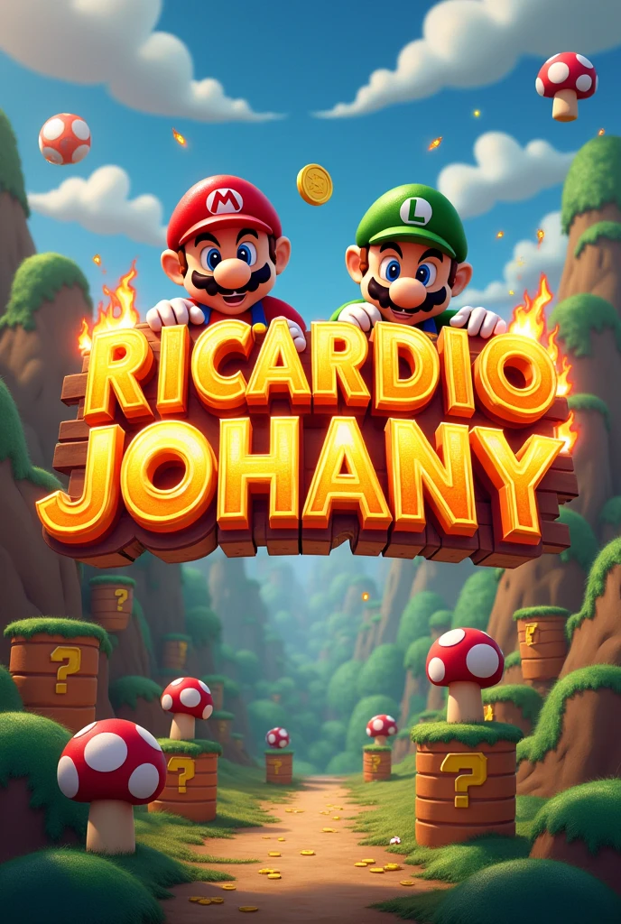 Create a Mario Bros image with the word in the center "Ricardo Johany" with the capital letters in gold with fire 