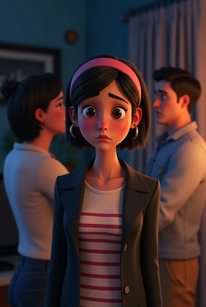 Woman with short black hair with a pink headband, striped blouse and black coat crying and a man fighting aggressively with his wife inside the house at night, disney pixar style 3d