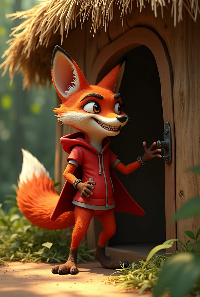 closeup 3D illustration, (1male fox:1.2), (sinister yet playful expression:1.5), dangerously playful, dark humour, wearing a red cape and a red hoodie standing on its too feet like a cartoon character, lean build, (disproportionate body long nose and mouth), (smiling notoriously with expression of ), (realistic fur texture), (jungle background:1.4), standing and knocking the door of a straw house, sunlight filtering through the trees, (soft lighting:1.3), (green and earthy color scheme:1.3), (highly detailed), (ultra quality:1.3), (masterpiece), (digital art), 8K resolution, HDR, depth of field, (soft shadows), (photorealistic:1.3), (animation:1.2), (by Greg Rutkowski:0.9), (in the style of Alphonse Mucha), trending on ArtStation, award-winning art