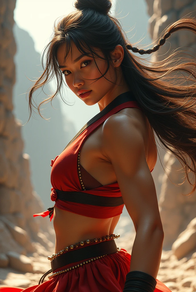 (RAW photo, best quality), (realistic, photo-realistic:1.3),best quality,highly detailed,masterpiece,ultra-detailed,illustration,chun_li of street_figther,upper_body,dynamic angle,world masterpiece theater,messy_long_hair,best quality,extremely detailed CG unity 8k wallpaper,ink,Amazing,cinematic lighting,lens_flare, dunhuang_style