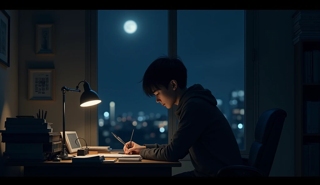 A person sitting quietly at a desk, focused and determined, surrounded by the quiet stillness of night.