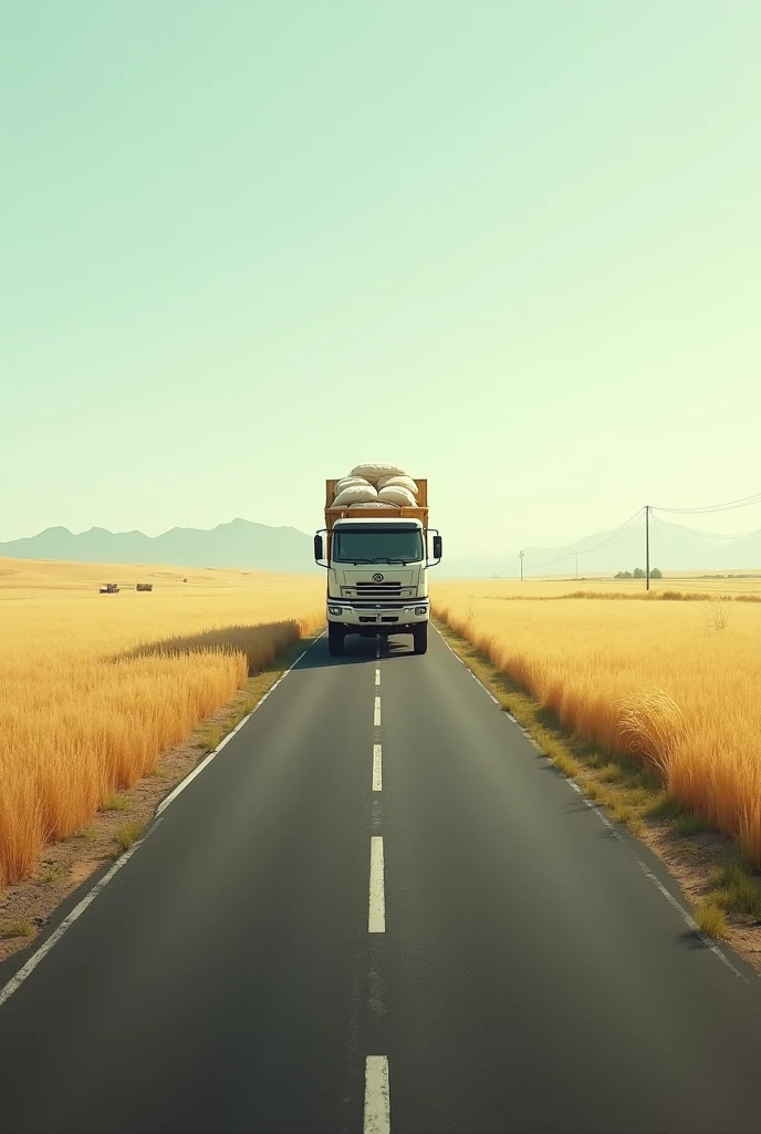 "A lone truck driving down an empty road, loaded with sacks of rice, with some visible at the top. The road stretches ahead into the horizon with no other vehicles or people in sight. The landscape around the road is rural, with vast open fields on either side under a clear sky, emphasizing the solitary journey of the truck."