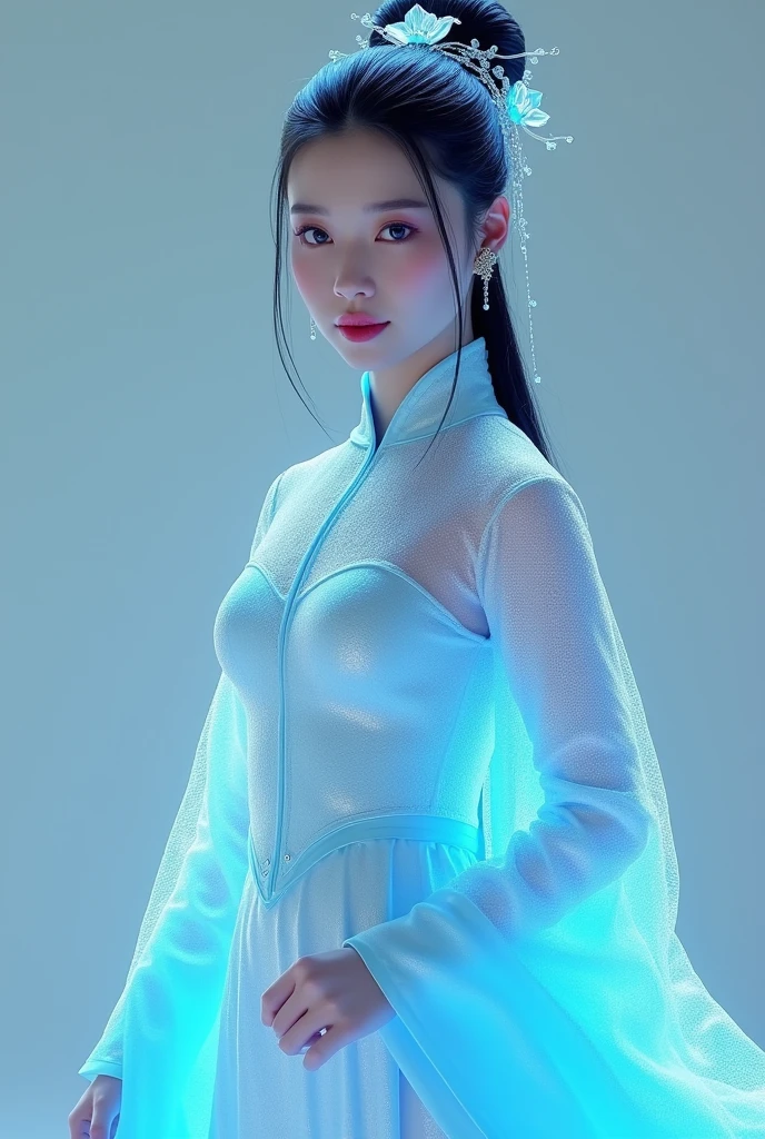 (Full Body), A luminous Chinese beauty (Dilraba Dilmurat) from ancient dynasties (221 BCE - 220 CE) stands majestically against a neutral background, her vibrant white-blue twotone Wuxia attire radiating an otherworldly aura. David Lachapelle's lens captures the frozen moment of her polished body, Si-fi graphics luminescent attire, and captivating gaze meeting the camera with unflinching intensity. reflected light liquid metal fabric attire, 8K resolution reveals razor-sharp features, high-contrast details, and Traditional Chinese hairstyles, while a subtle sheen on her lips hints at the application of Traditional lipstick, spiritual cosmic to realistic, reflected light Glass hair pin 